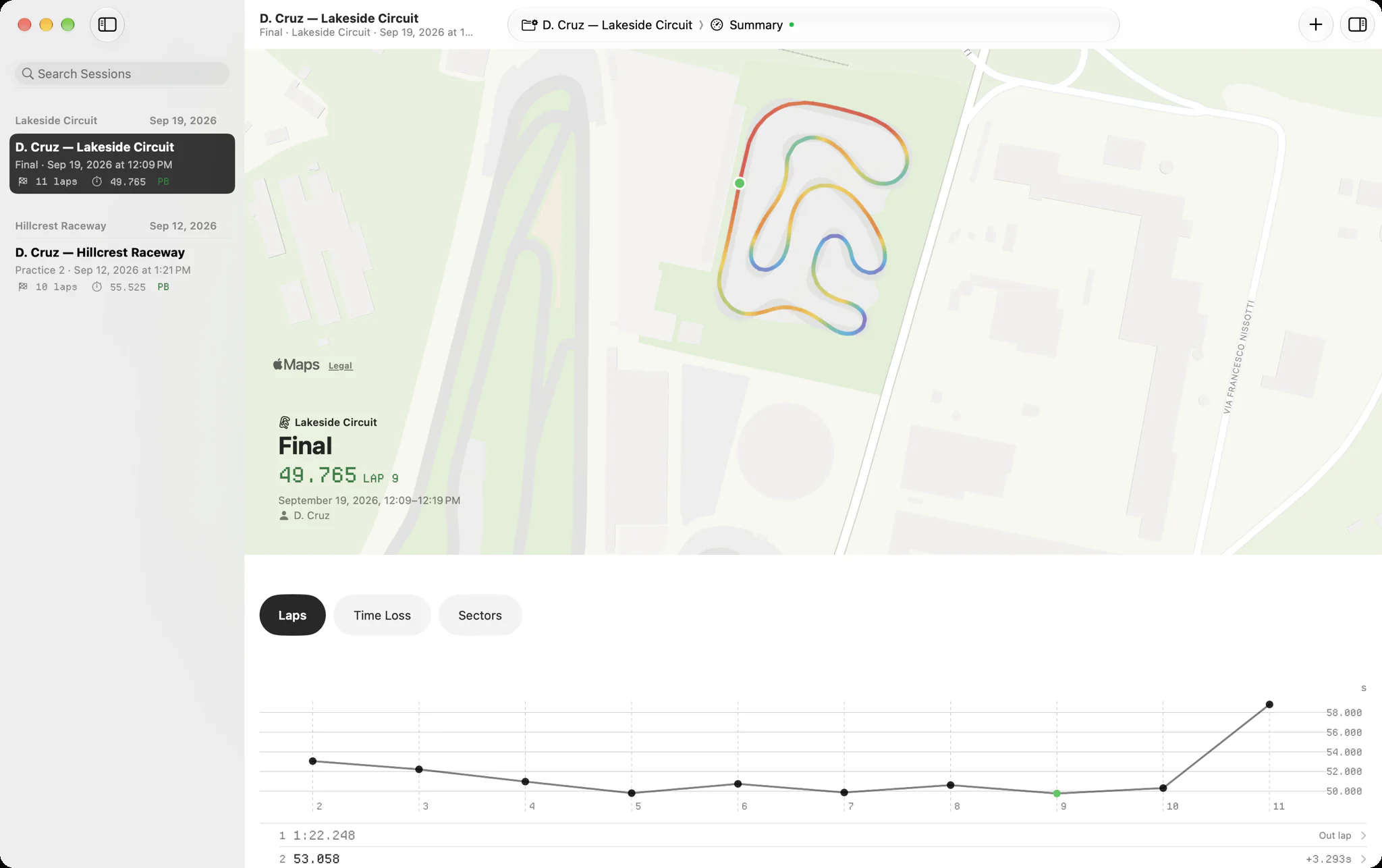 Slicks showing a session: its fastest lap drawn on its track in the colours of its speed, with its lap times underneath. On a wide screen it is the Mac app's window, with the session library beside it; on a phone it is the iPhone app.