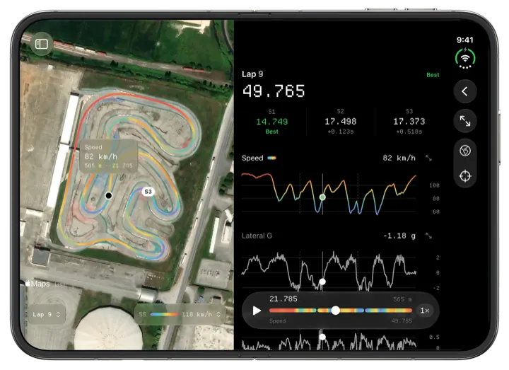 iPhone Duo open flat on one lap: its line on the satellite map in the colours of its speed, beside its sector times and its speed and lateral g against distance.