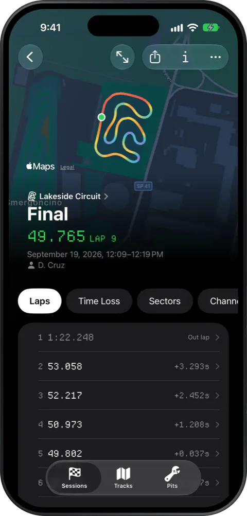 An iPhone on the same session, with its lap times.
